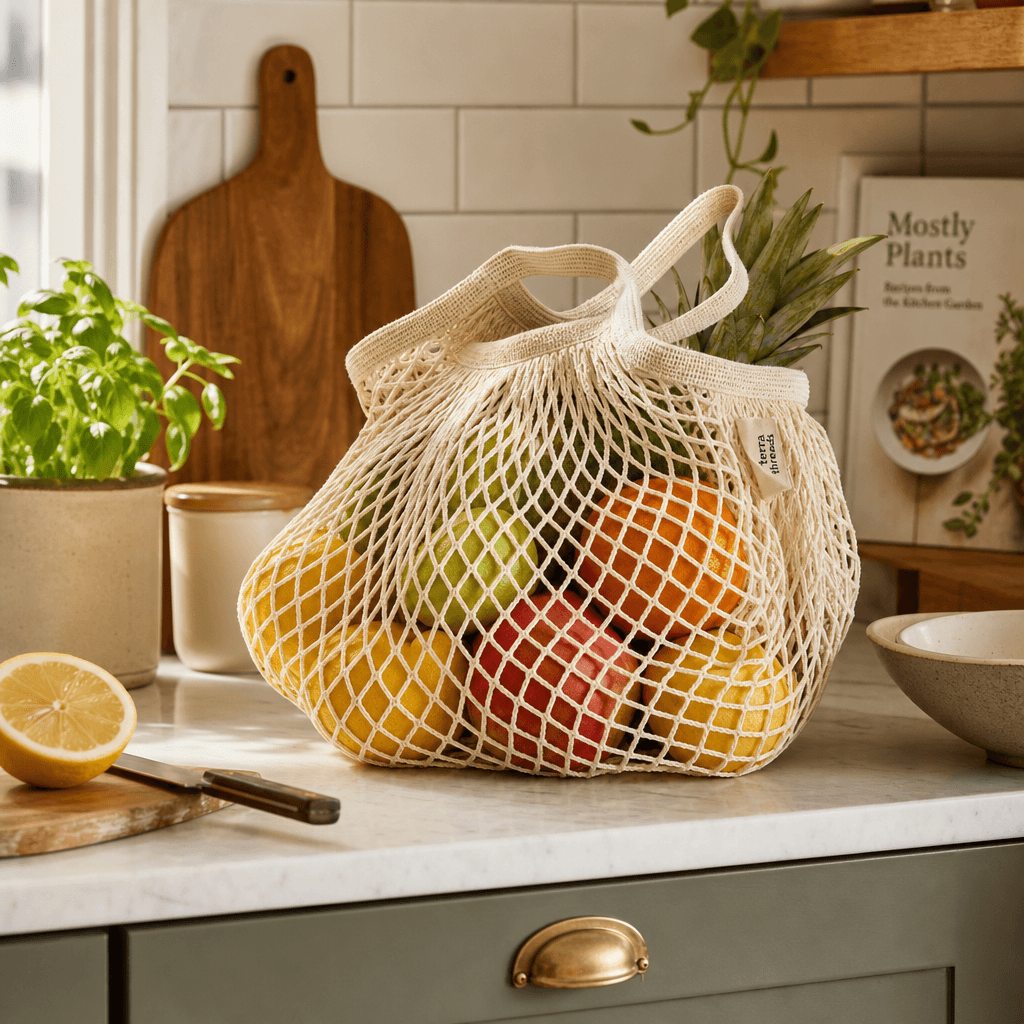 A lifestyle shot of a string bag filled with fruits on a kitchen countertop, showcasing the product in a real-world sett