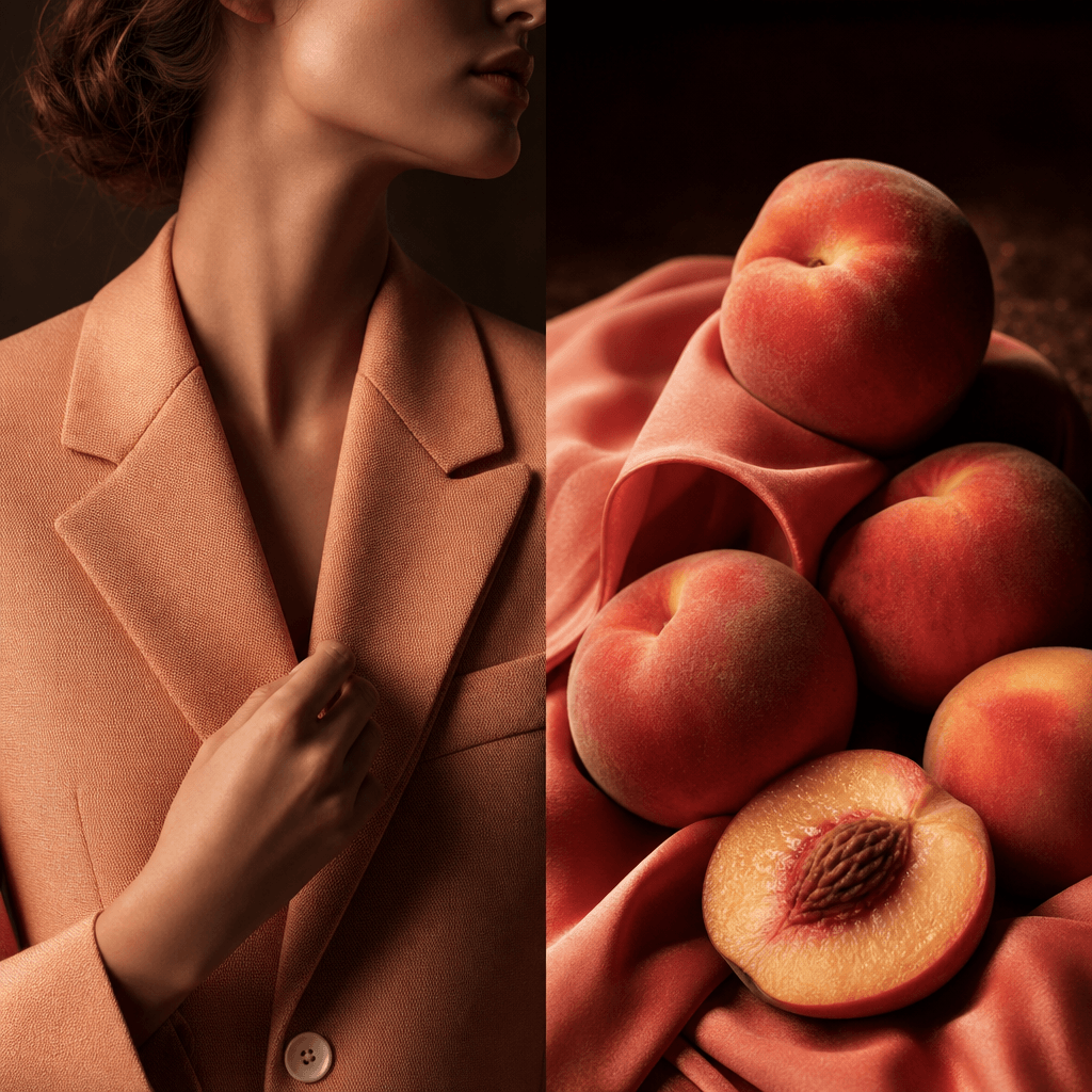 Square luxury editorial pairing a pale peach structured jacket with ripe peaches, peach skin fuzz, and soft coral silk,