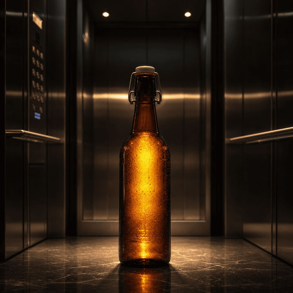 Artisan amber glass beverage bottle placed inside a modern elevator, warm liquid glowing from internal light against ref
