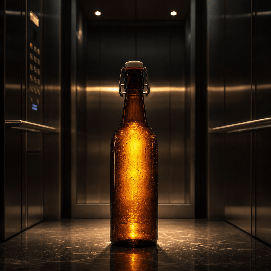 Artisan amber glass beverage bottle placed inside a modern elevator, warm liquid glowing from internal light against ref