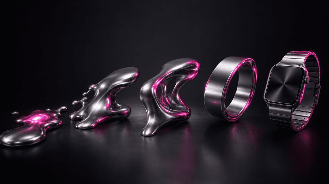 Smooth liquid metal morphing animation between different product states, brushed metallic finish reflecting soft studio