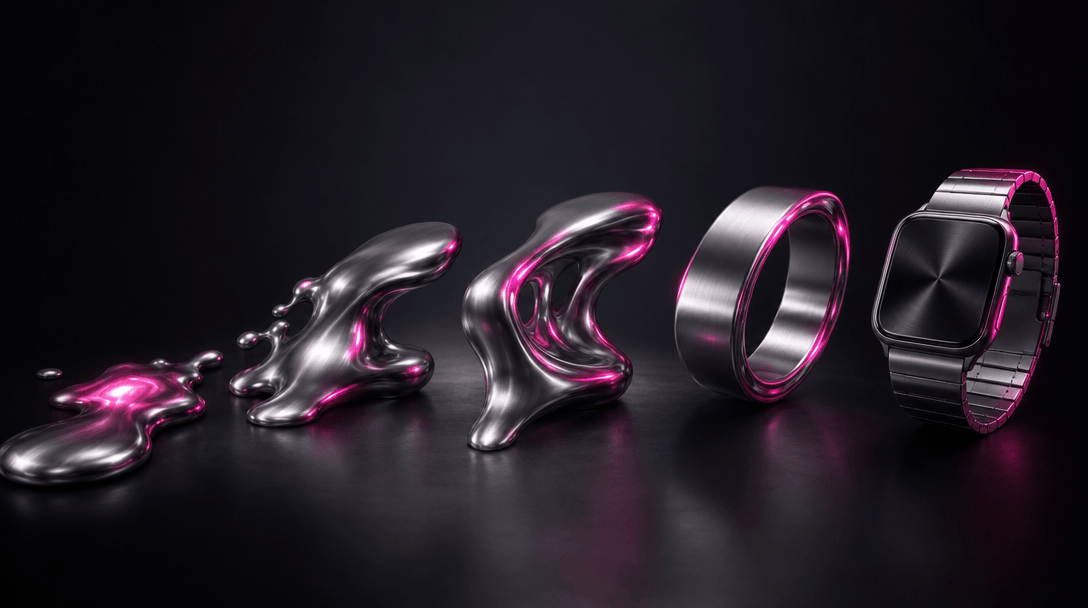 Smooth liquid metal morphing animation between different product states, brushed metallic finish reflecting soft studio