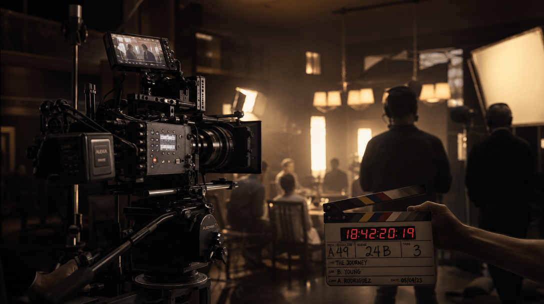 Professional film production set with cinema cameras, lighting rigs, and crew. Warm tungsten light on equipment. Film sl