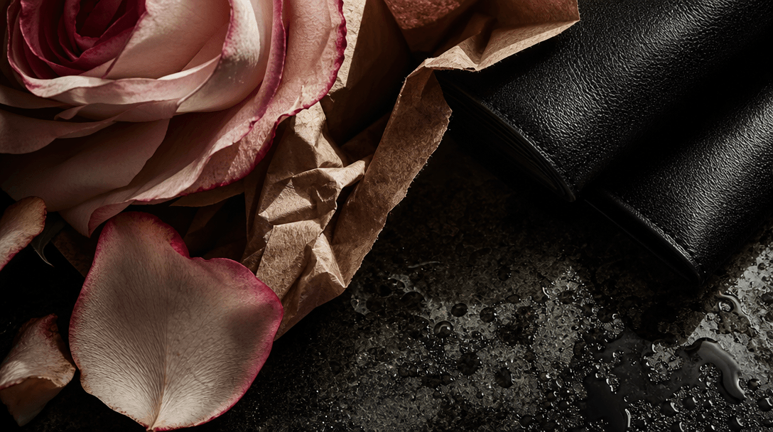 Macro still life contrasting velvety flower petals, torn kraft wrapping, polished black leather, and coarse wet pavement