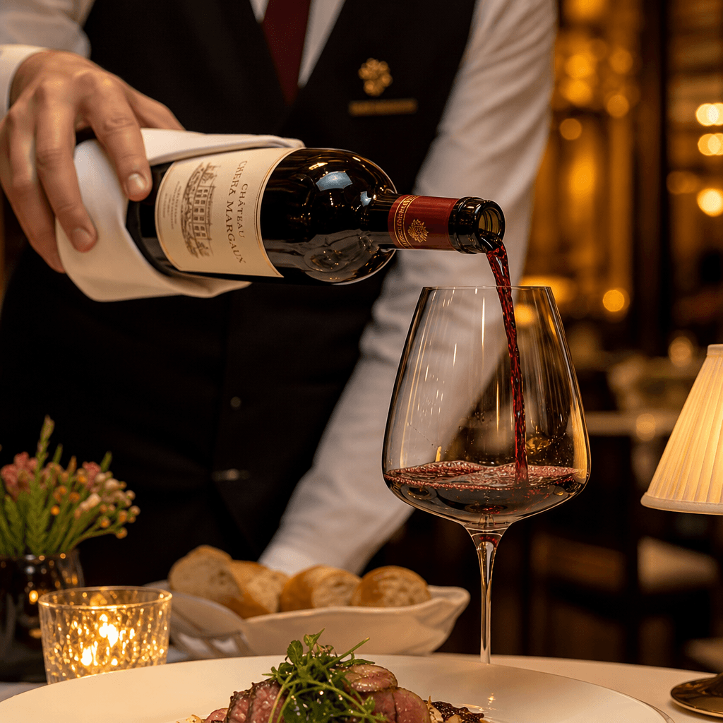 Red wine bottle mid-pour into crystal glass, restaurant table, warm golden lighting, sommelier service moment, professio