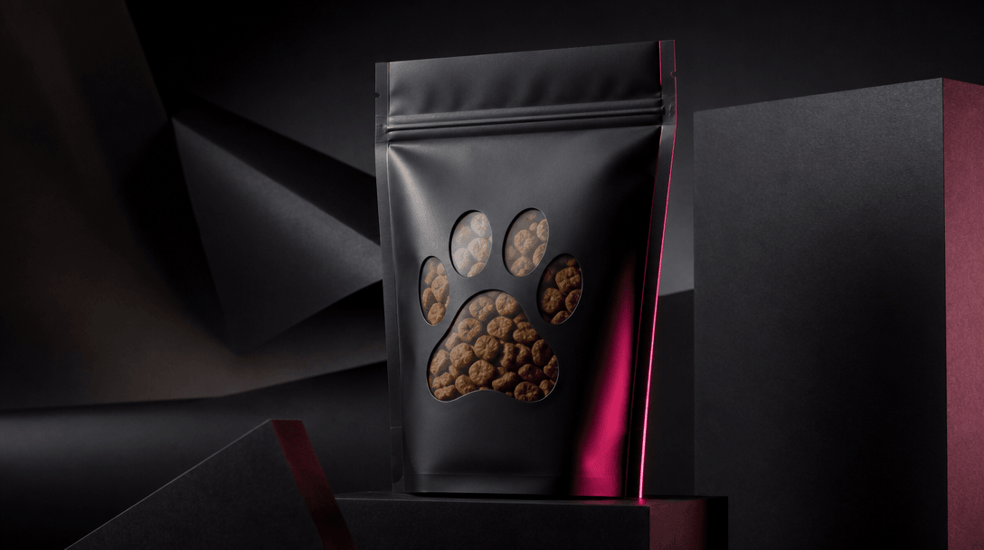 A pristine pet product package isolated against layered charcoal paper and matte black architectural forms, every edge a