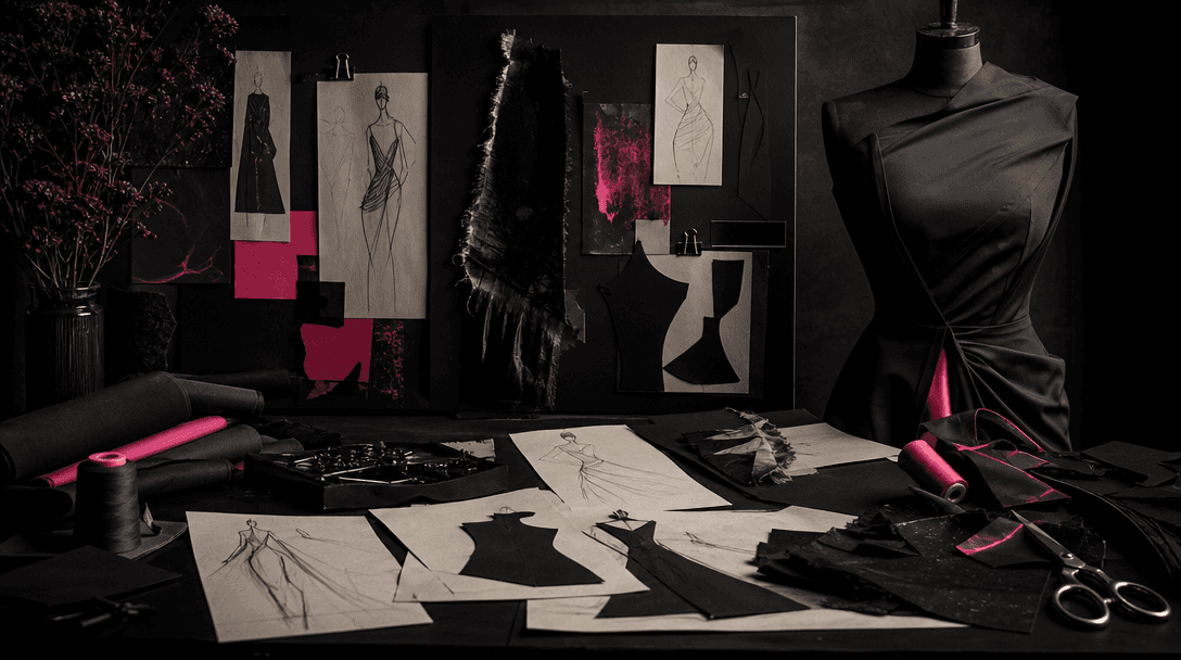 An atmospheric fashion concept table in a dark studio with fabric swatches, refined sketch lines, cut paper silhouettes,