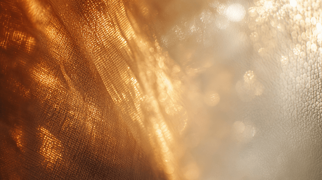 Abstract macro study of warm light refracting through linen fabric and frosted glass, bokeh gradients in amber and soft