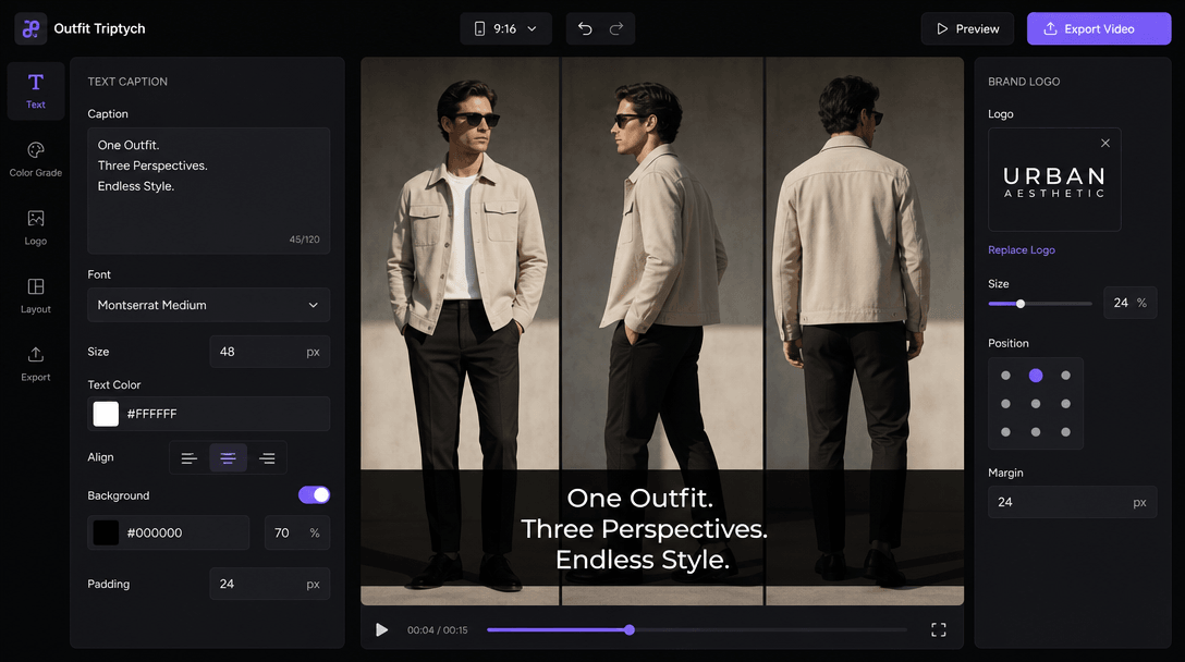 Outfit triptych template editor interface showing text caption customization, color grade adjustment sliders, and brand