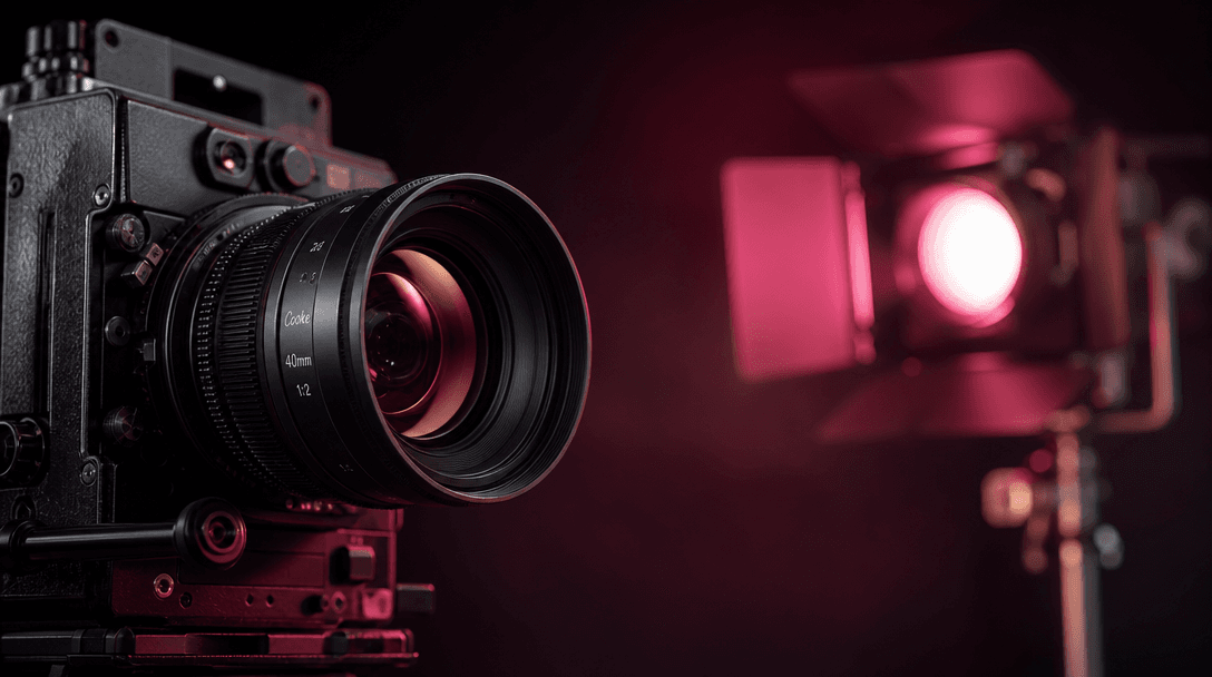 Minimalist composition of professional filmmaking elements, vintage cinema camera lens, professional lighting rig, dark