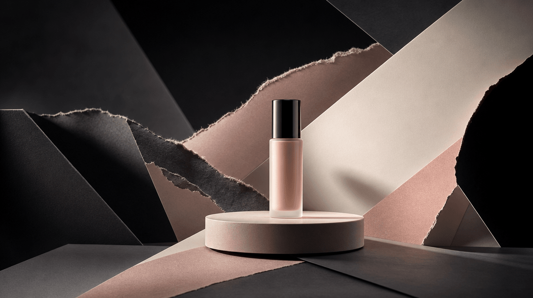 An atmospheric landscape of layered paper planes transforming into a polished cosmetic packshot stage, torn fibers meeti