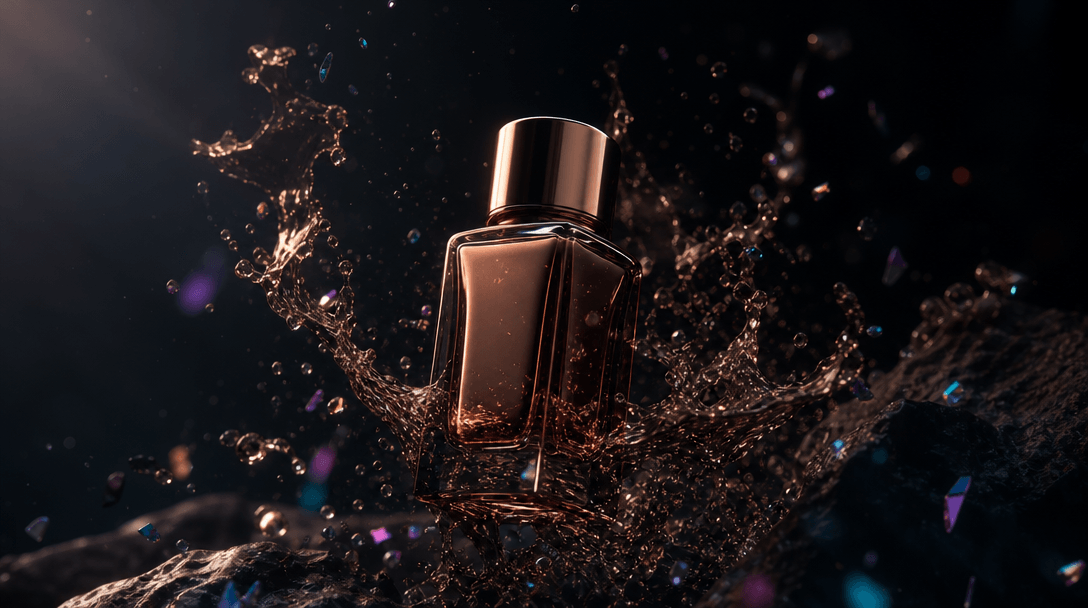 Cinematic dark studio scene: glass cosmetics bottle surrounded by swirling liquid and suspended iridescent particles, vo