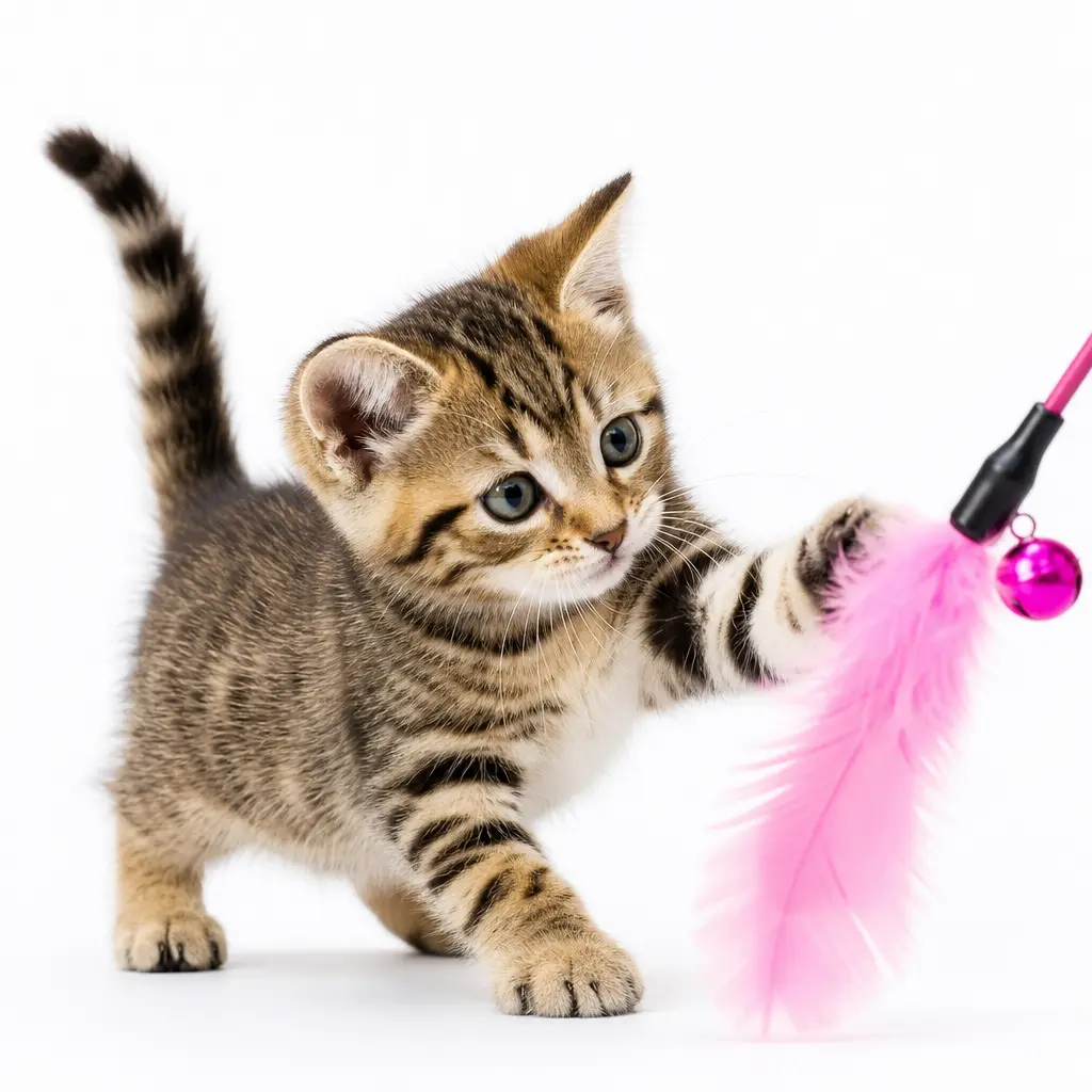 Cute tabby kitten batting at pink feather toy on seamless white surface, studio lighting, vibrant colors, playful moment