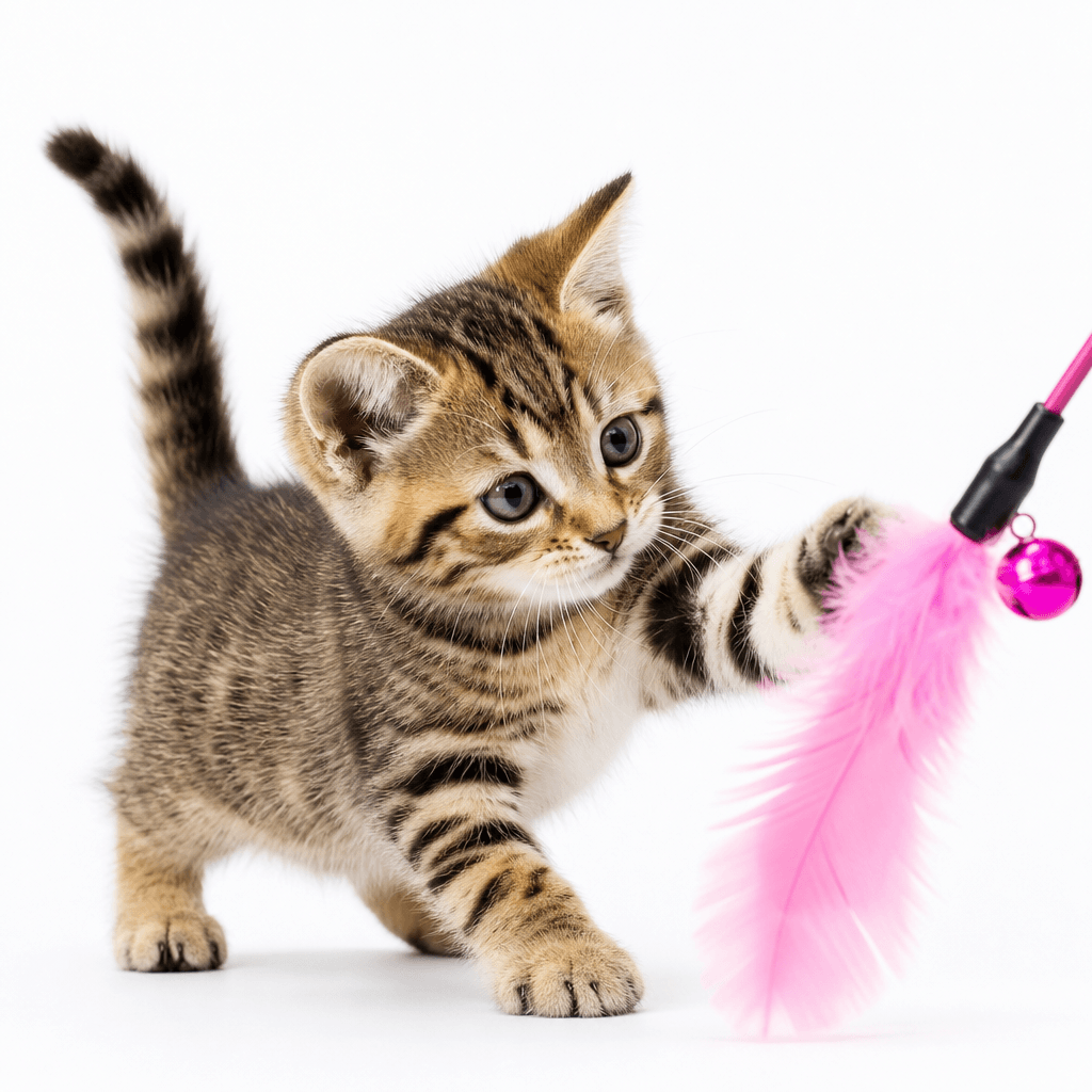 Cute tabby kitten batting at pink feather toy on seamless white surface, studio lighting, vibrant colors, playful moment