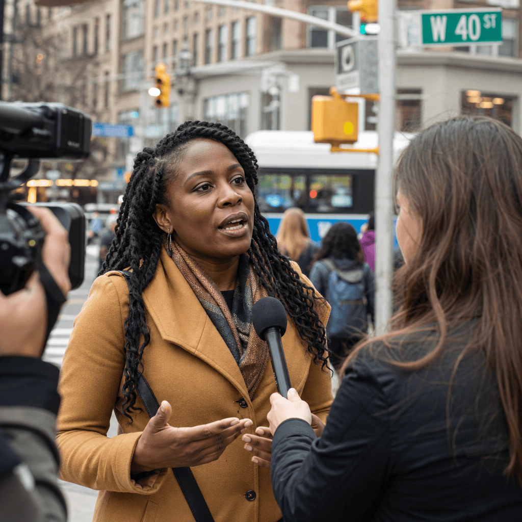 Diverse people on city street speaking thoughtfully, natural candid expressions, urban environment, professional intervi
