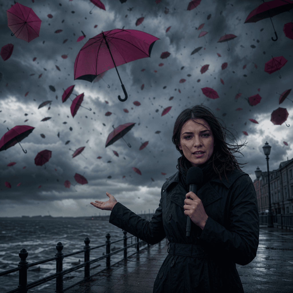 An original field reporter on a coastal promenade as thousands of empty umbrellas float upward into storm clouds. Cinema