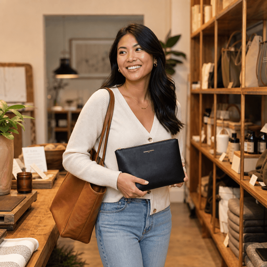 A person walking through a cozy retail or lifestyle environment, holding a fashion or accessory item visible and well-li