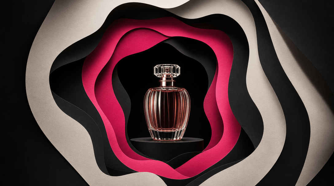 A single elegant perfume bottle held at the visual center by concentric paper cutout frames, surrounding shapes directin