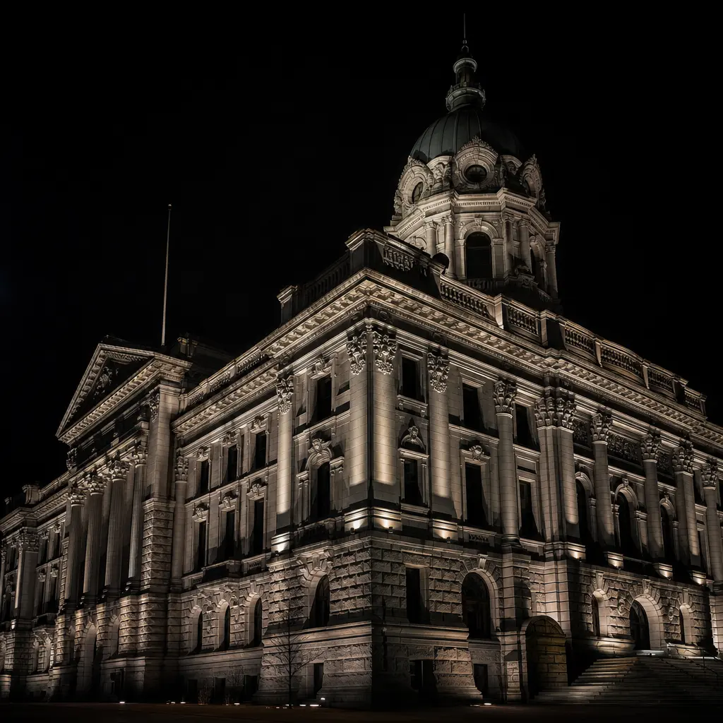 Historic stone civic building at full night, powerful exterior floodlights casting dramatic upward shadows across the ca