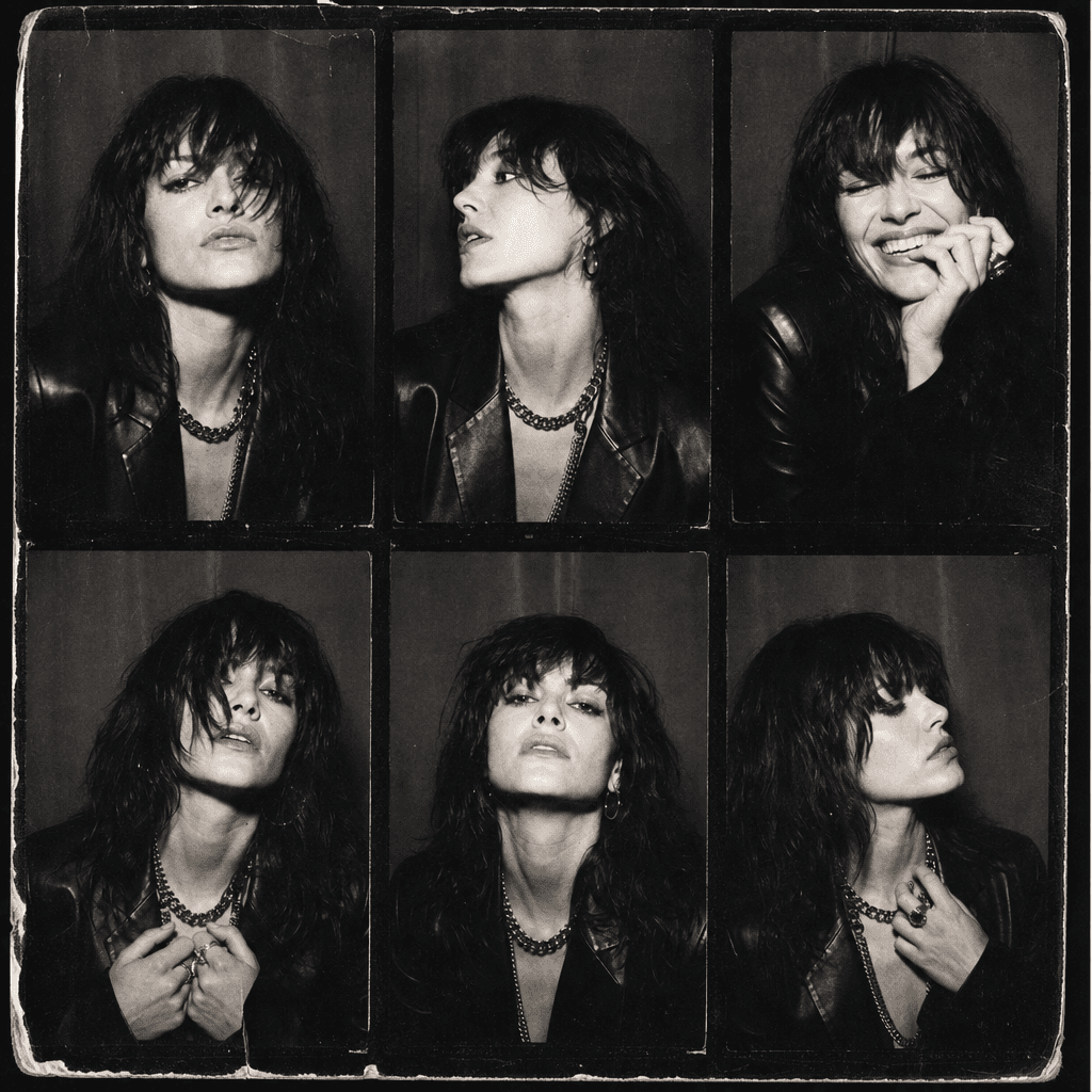 A square editorial composition featuring a vintage six-frame photobooth strip of an anonymous fashion-forward adult, hig