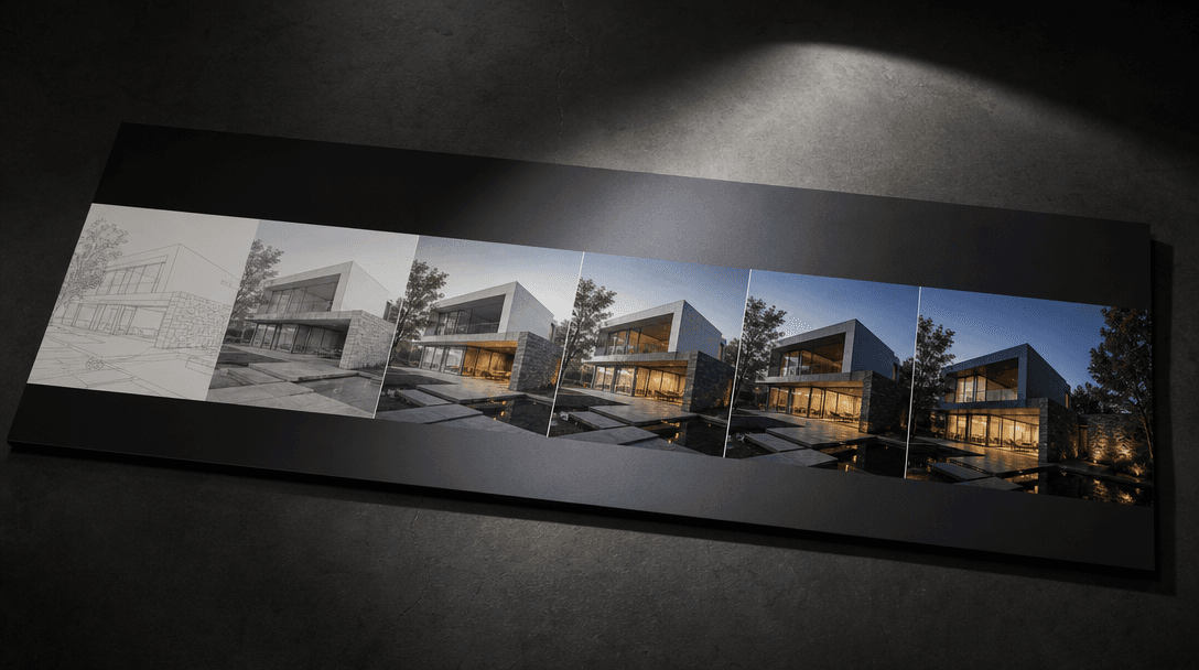 A sleek printed architectural presentation board displayed on a dark studio table under a directional spotlight, showing