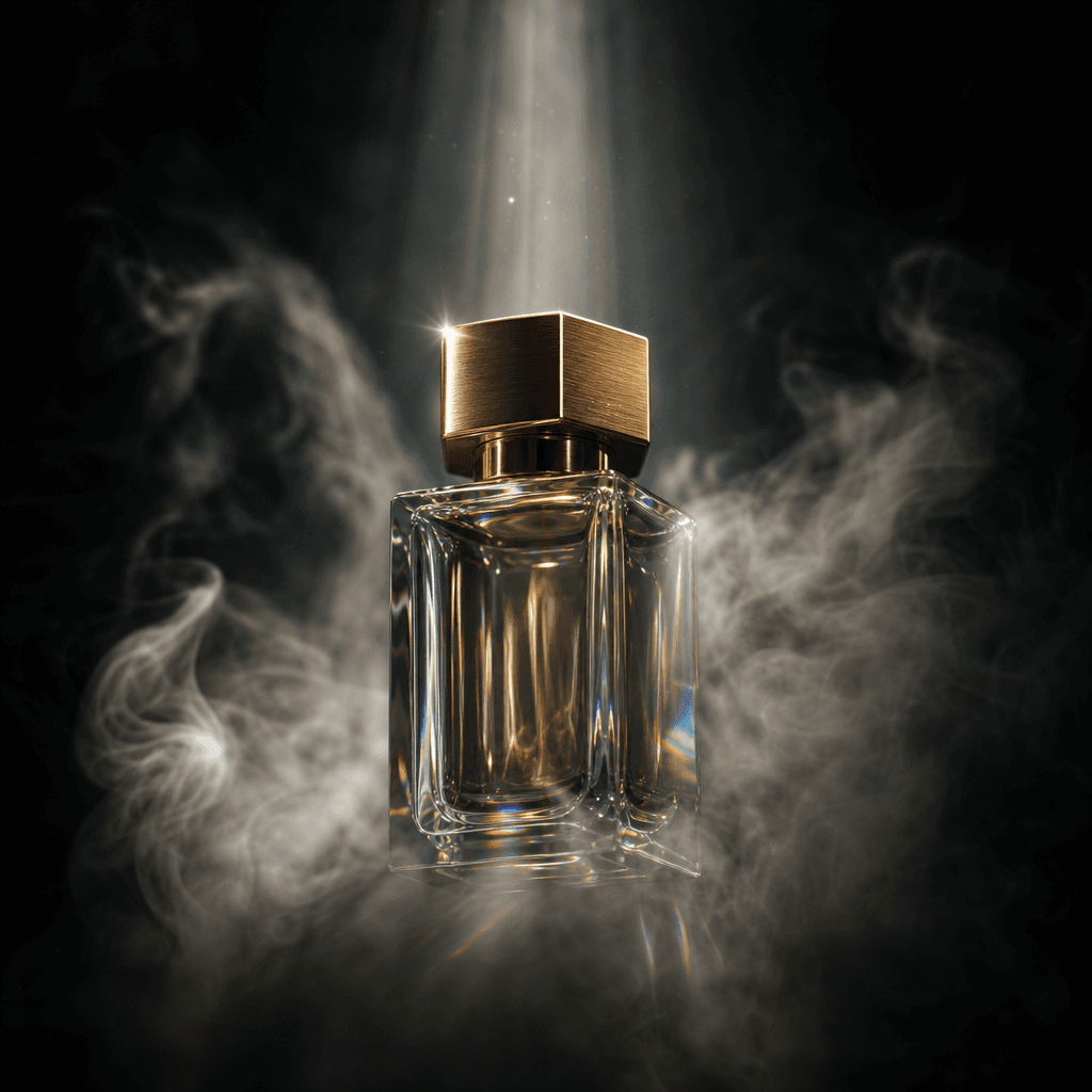 A glass perfume bottle with a brushed gold cap catching a focused light ray as it rises through parting silver mist on a