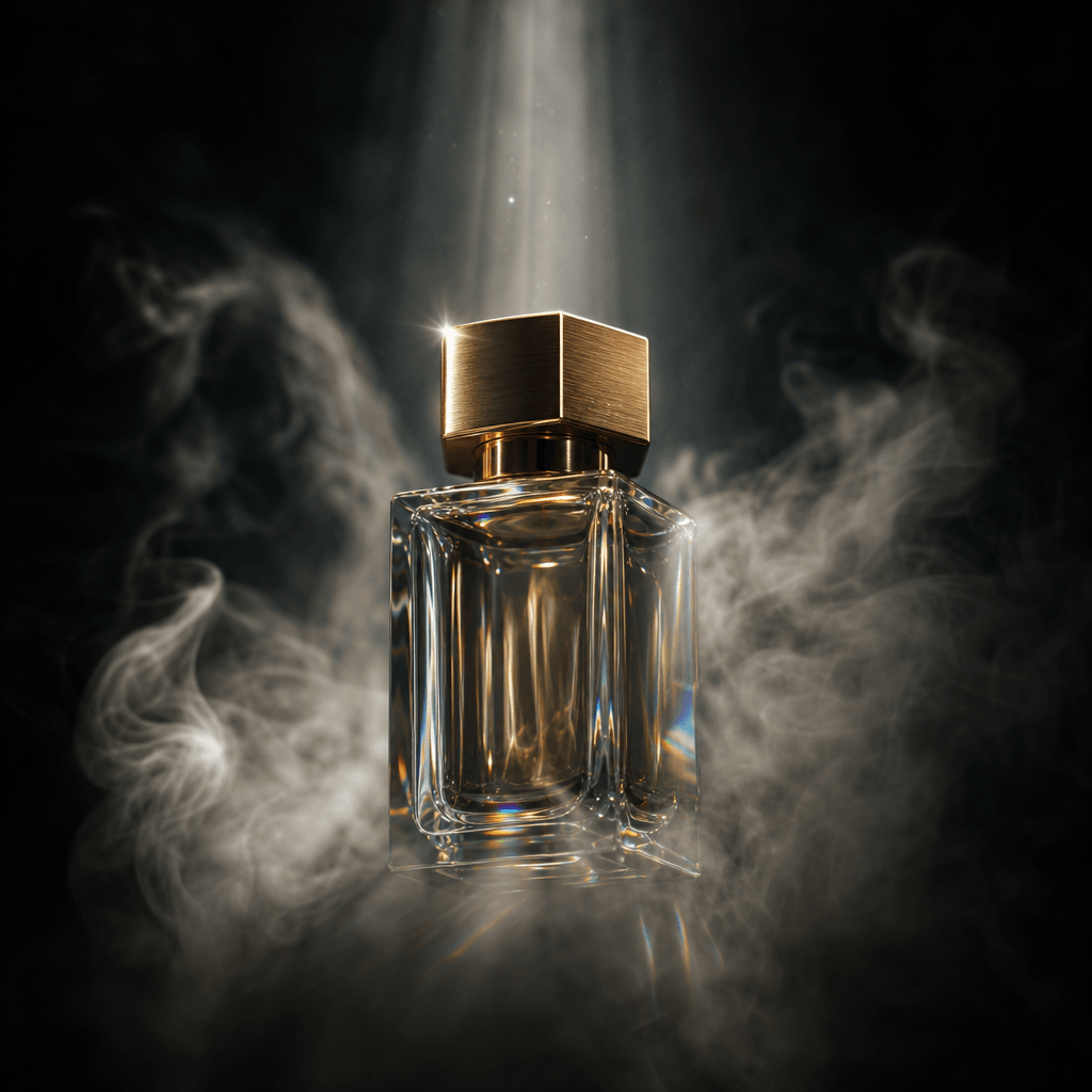 A glass perfume bottle with a brushed gold cap catching a focused light ray as it rises through parting silver mist on a