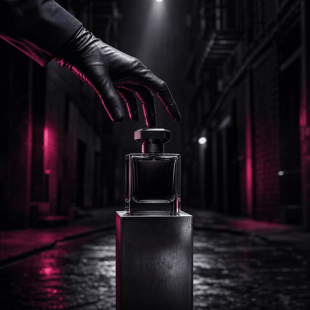 A polished fragrance bottle on a narrow metal plinth in an empty nighttime alley, with a gloved hand entering the frame