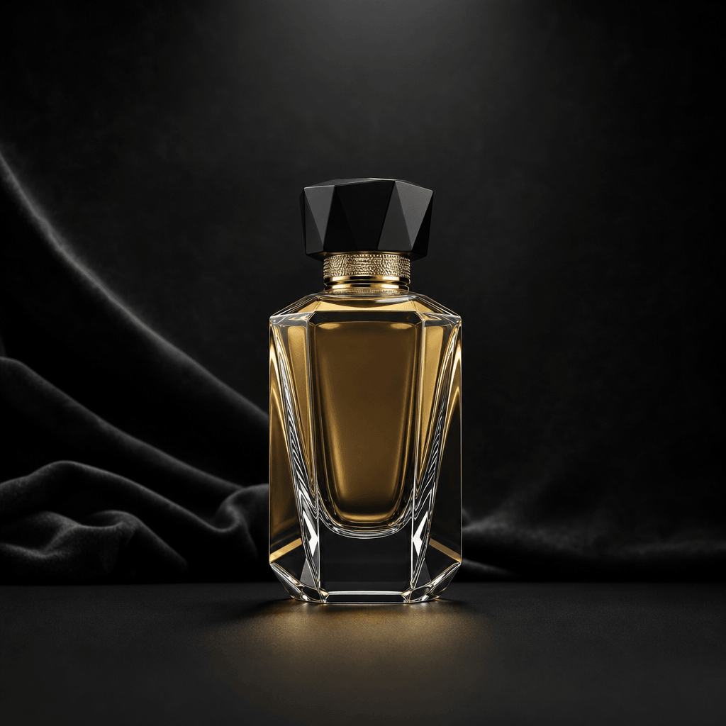 Minimalist editorial product shot: luxury perfume bottle centered on a matte black surface, single overhead soft-box lig