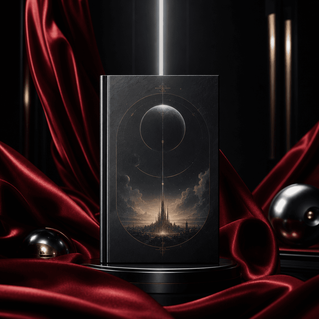 A science fiction hardcover surrounded by flowing ruby satin and faint metallic reflections, dark cinematic studio envir
