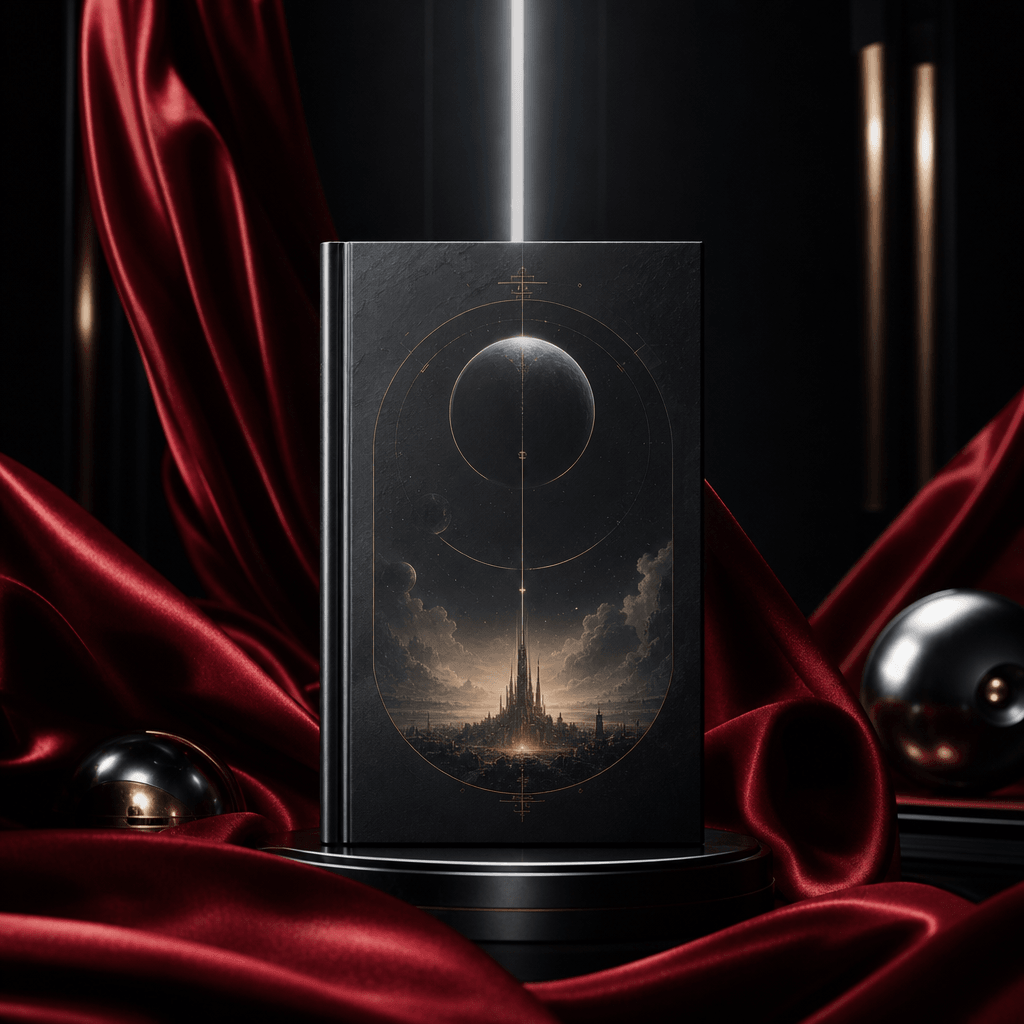 A science fiction hardcover surrounded by flowing ruby satin and faint metallic reflections, dark cinematic studio envir