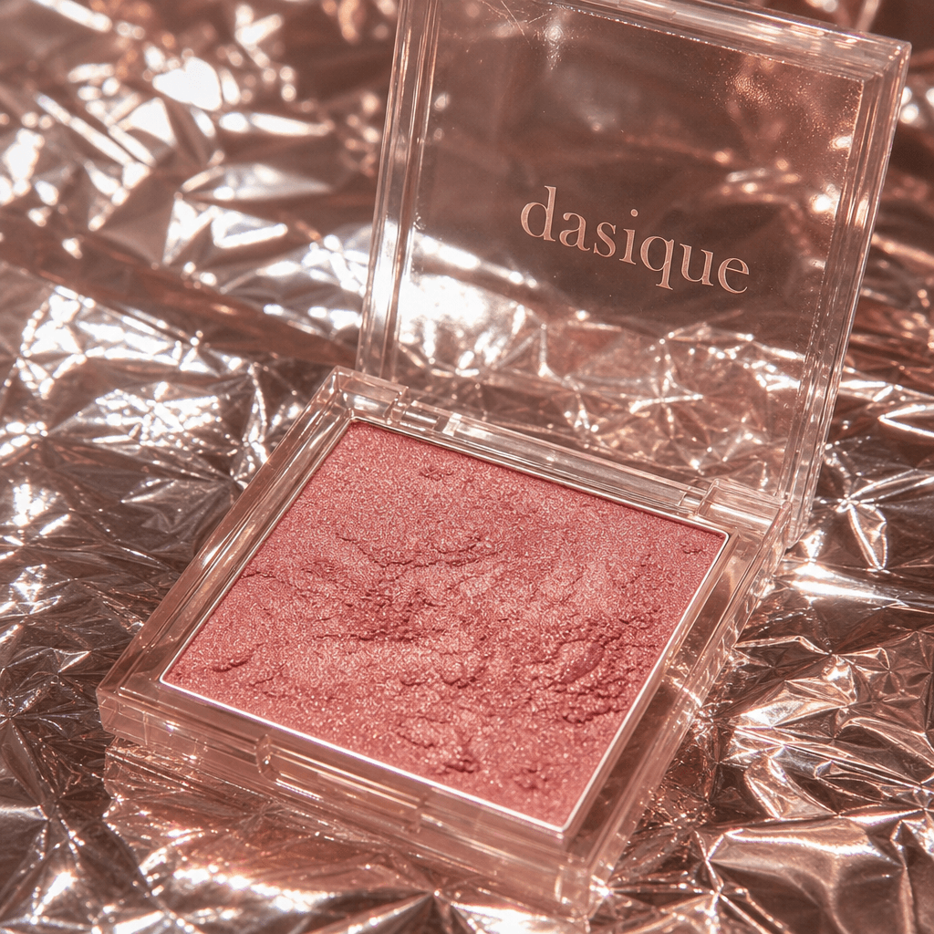 A close-up shot of a makeup product displayed on a shiny foil background, emphasizing the product's texture and color. T