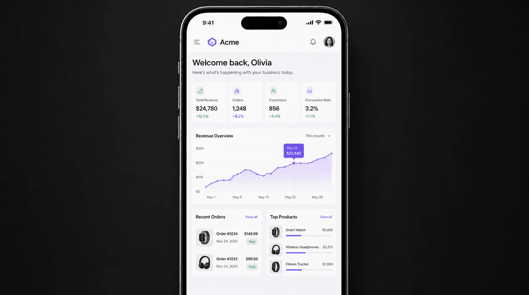 Polished, high-resolution smartphone display of a web application with sharp edges and minimal reflections. Premium prod