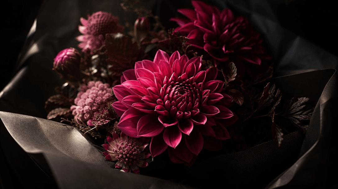 Macro editorial study of layered flower petals emerging from darkness, with the bouquet center held in sharp focus while