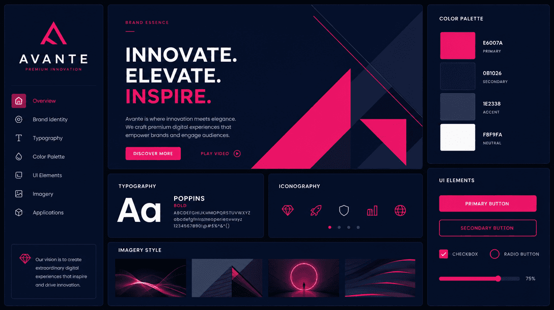 Modern interface with brand color swatches, geometric design elements, hot pink and soft white accents, deep navy backgr