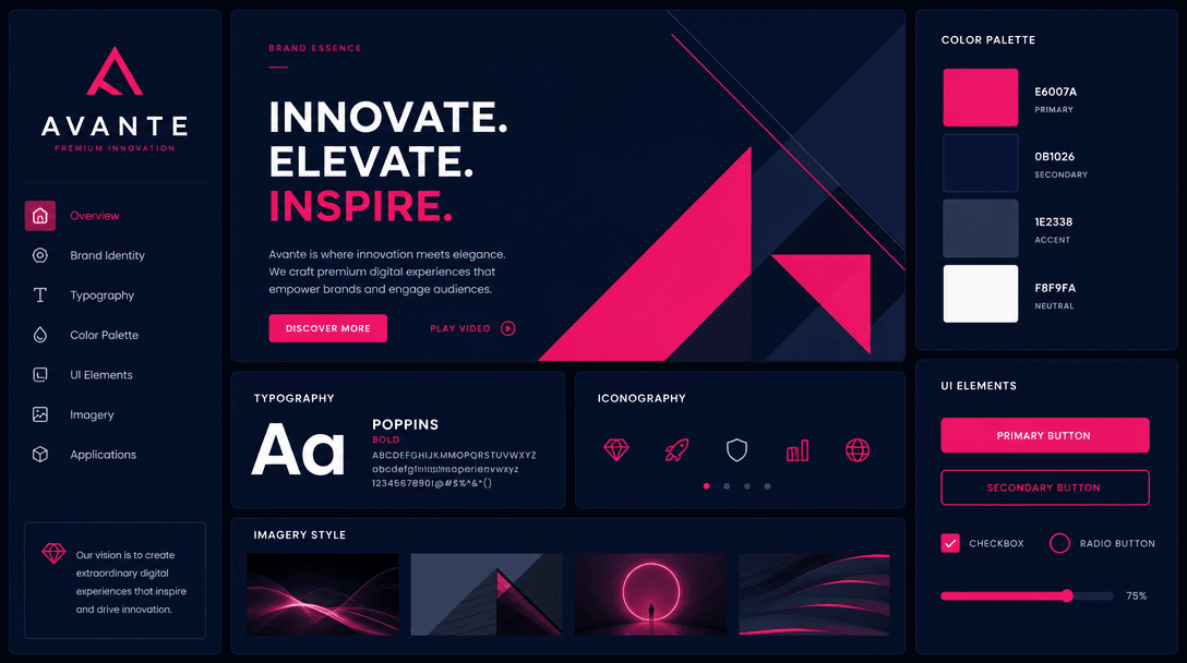 Modern interface with brand color swatches, geometric design elements, hot pink and soft white accents, deep navy backgr