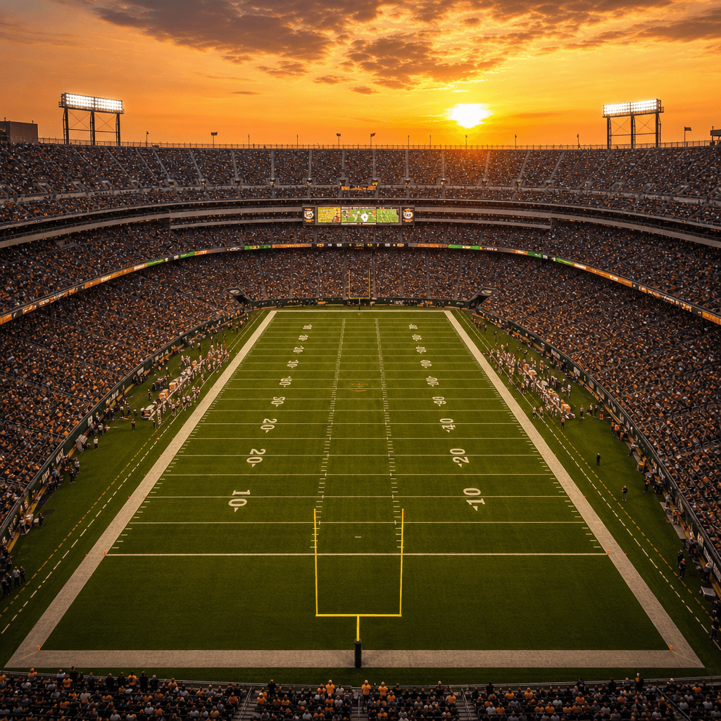 Wide overhead stadium view of football field with yard lines stretching to horizon. Clean midfield, evening golden-hour