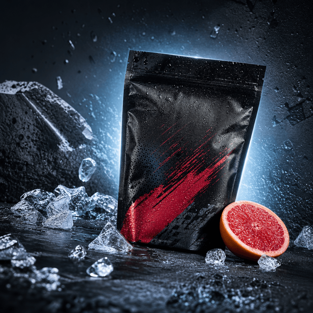 Pre-workout supplement pouch propped against rough dark concrete with scattered frozen ice shards and a halved grapefrui