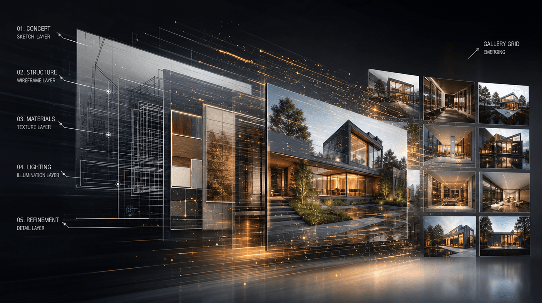 Fast professional rendering visualization. Image layers stacking, detail refinement through light particles. Gallery gri