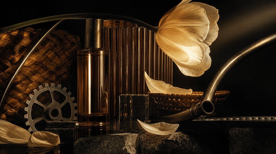 An abstract art-direction still life built from woven basket fibers, translucent cosmetic glass, pale flower petals, bru