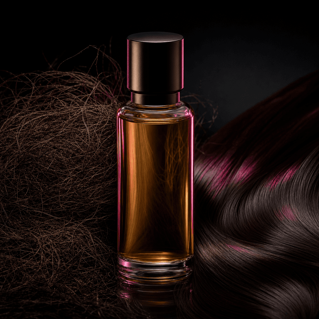 An elegant unbranded hair oil bottle surrounded by coarse tangled fibers on one side and smooth flowing silk strands on
