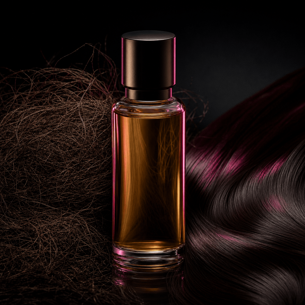 An elegant unbranded hair oil bottle surrounded by coarse tangled fibers on one side and smooth flowing silk strands on