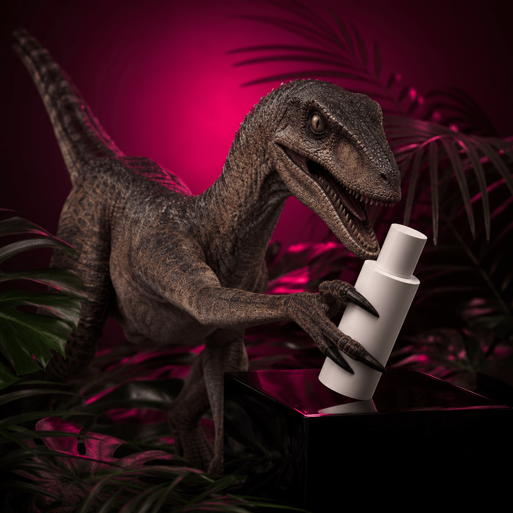 A realistic velociraptor snatching a minimalist skincare bottle from a reflective black plinth, tropical leaves bending