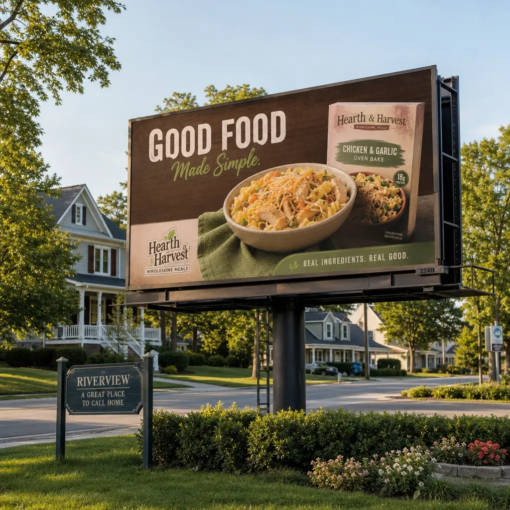 Billboard displaying food product on quiet suburban neighborhood street, warm afternoon light, residential buildings and