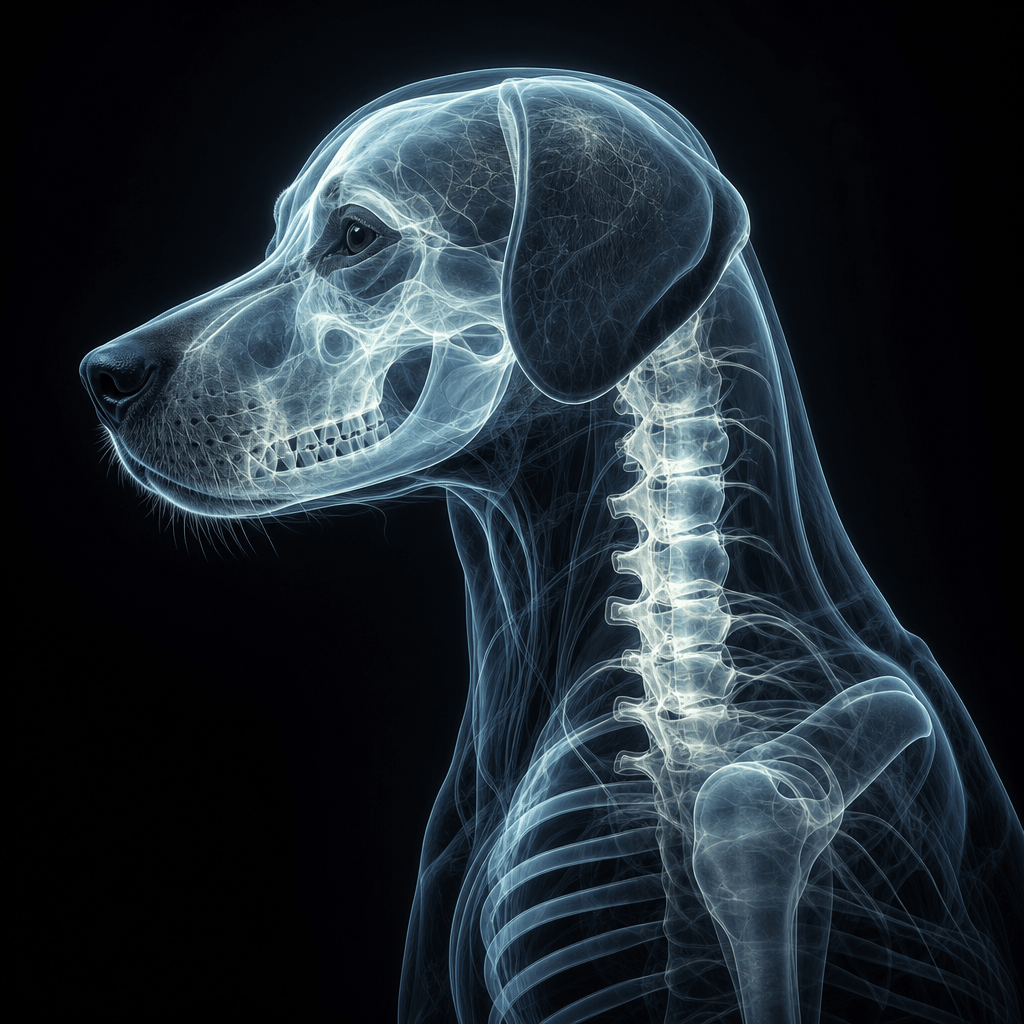 Animal skeleton X-ray effect applied to dog portrait, internal structure visible, anatomically inspired glow effect, art