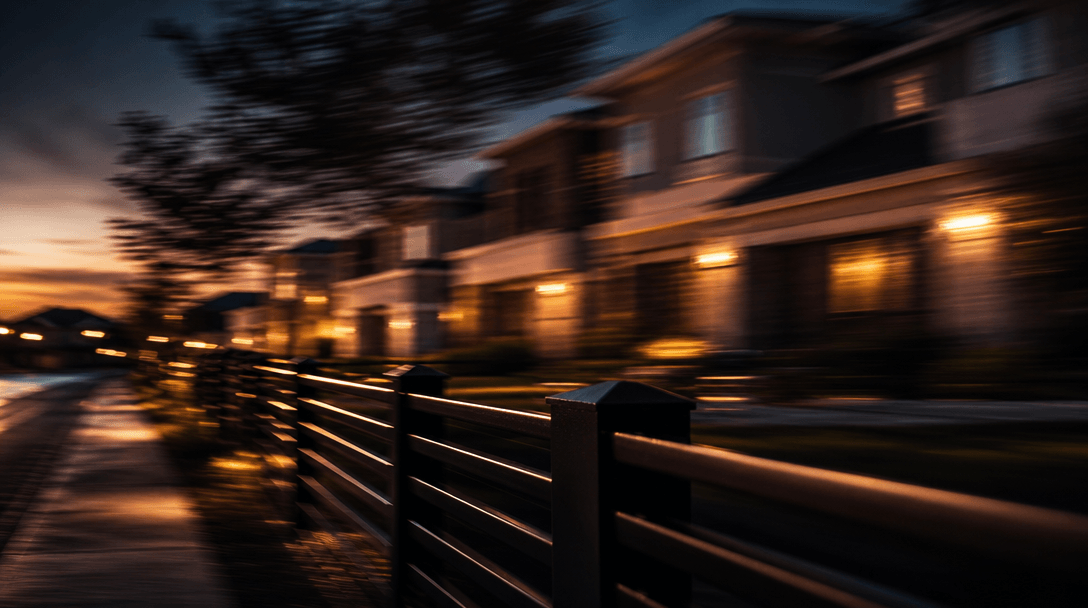Abstract cinematic photograph suggesting speed and real estate momentum: a blurred suburban street of modern homes shot