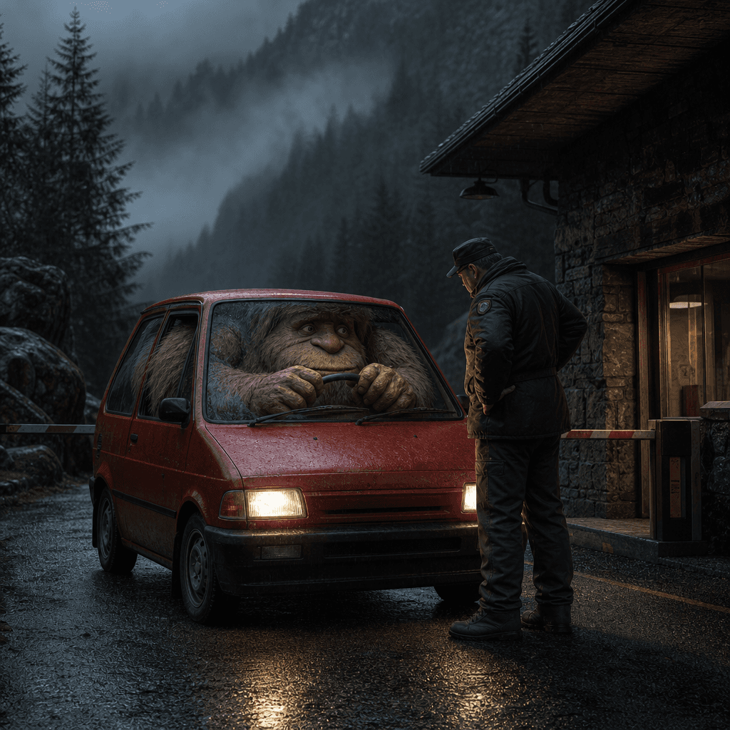 A giant gentle forest creature squeezed behind the wheel of a tiny red hatchback on a misty mountain road, facing an imp
