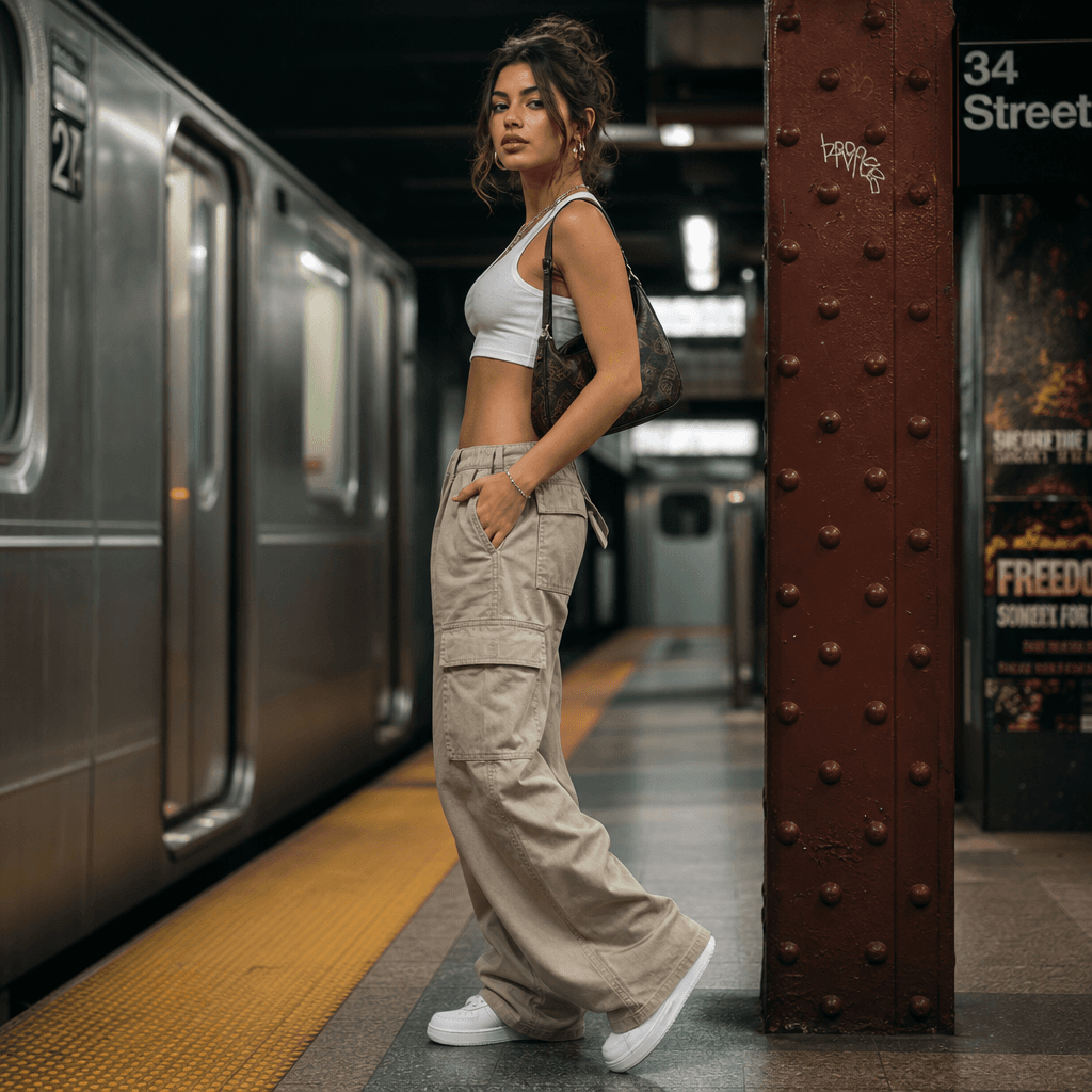 Sideways pose showing outfit detail in trendy subway photoshoot style. Confident stance. Urban aesthetic background.