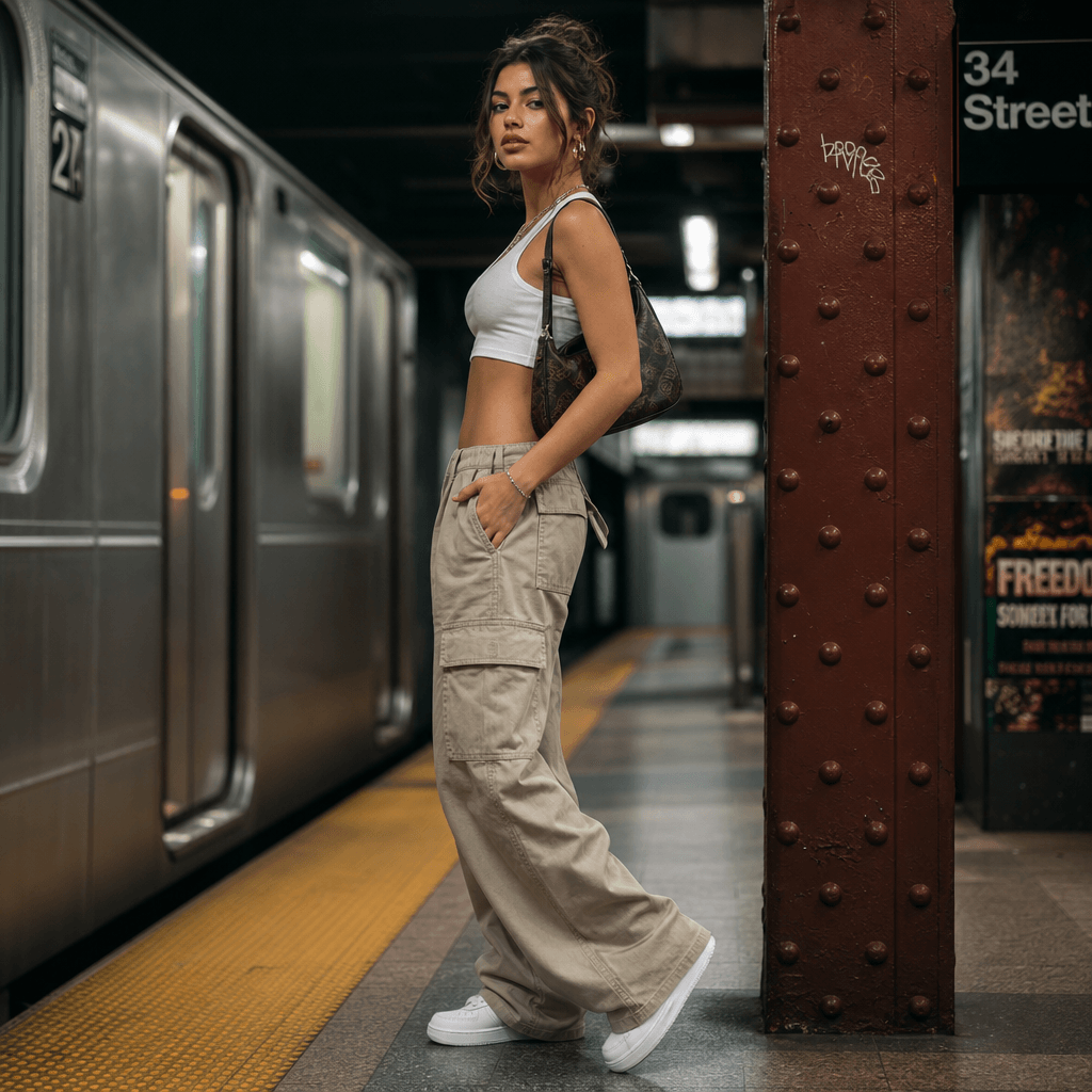 Sideways pose showing outfit detail in trendy subway photoshoot style. Confident stance. Urban aesthetic background.