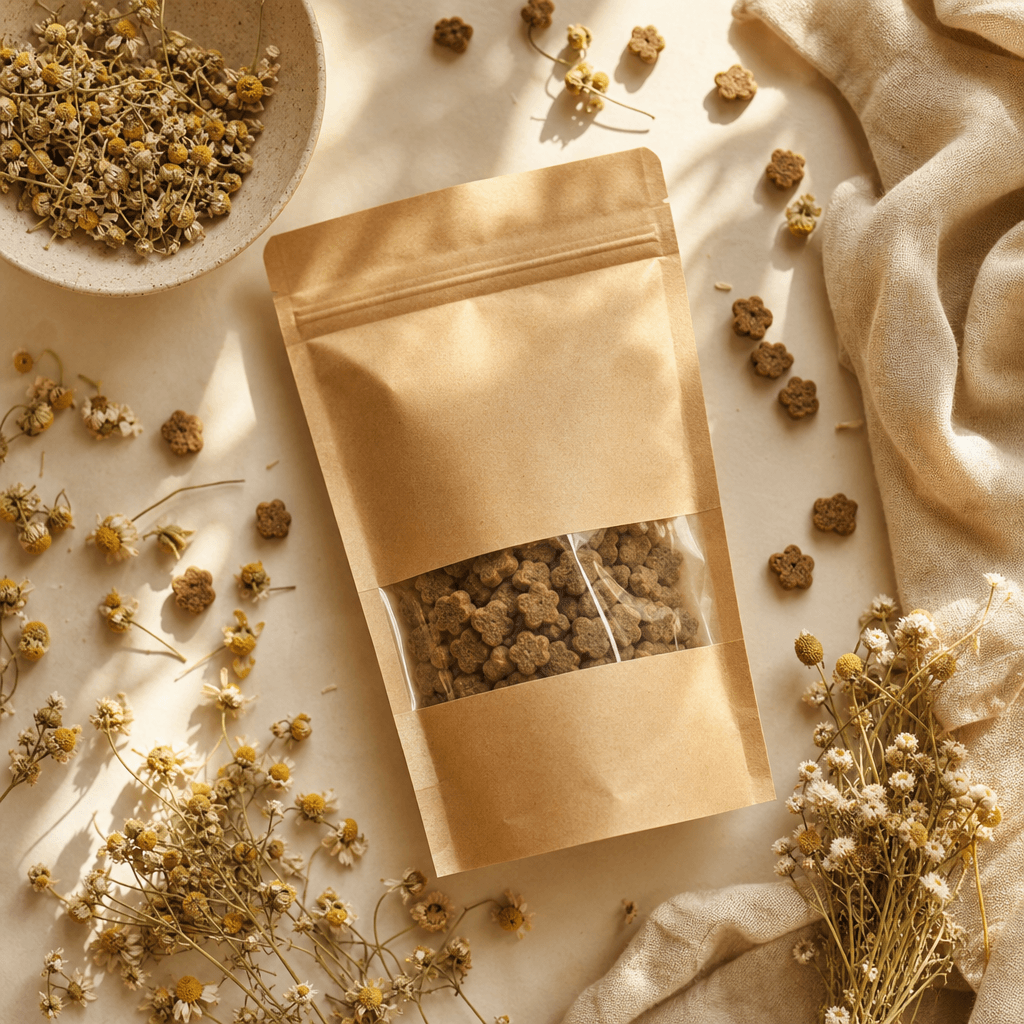 Square lifestyle flatlay of a pet treat pouch surrounded by dried chamomile flowers, scattered natural kibble pieces, an